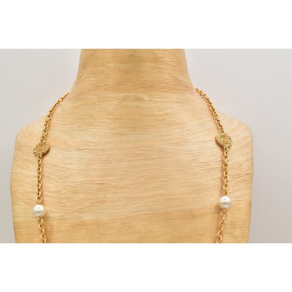 Givenchy Vintage Logo Coin Chain Necklace Station Pearl Gold Signed 1980s BinBJ